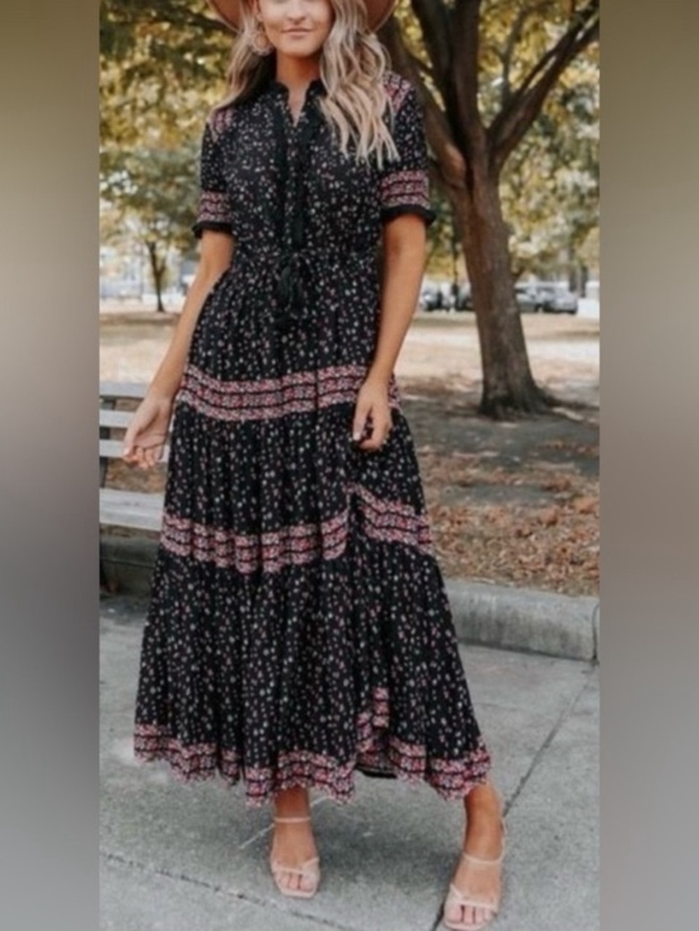 Free People Rare Feelings Black Floral Print Tiered Pleated Maxi Dress. Small - Picture 6 of 6